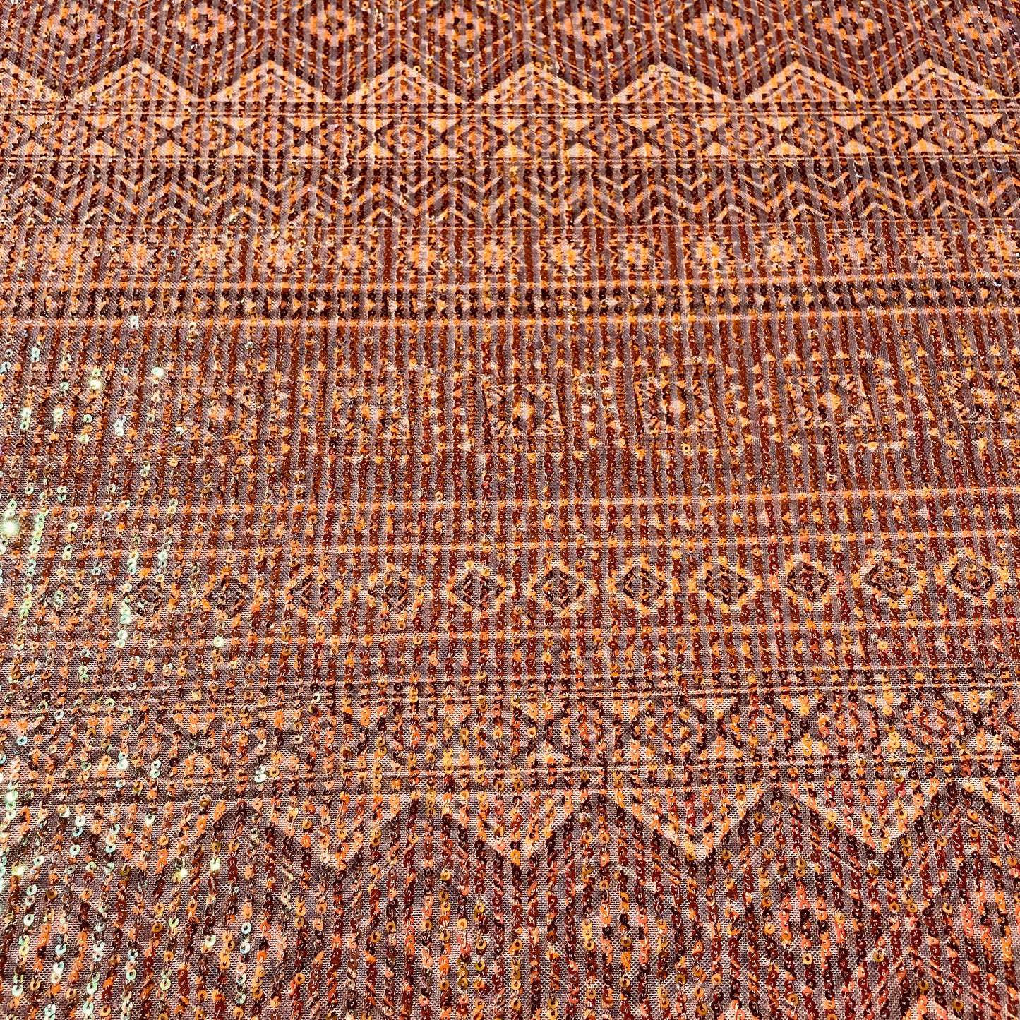 Orange Geometrical Sequence Embroidery Net Lycra Fabric - TradeUNO