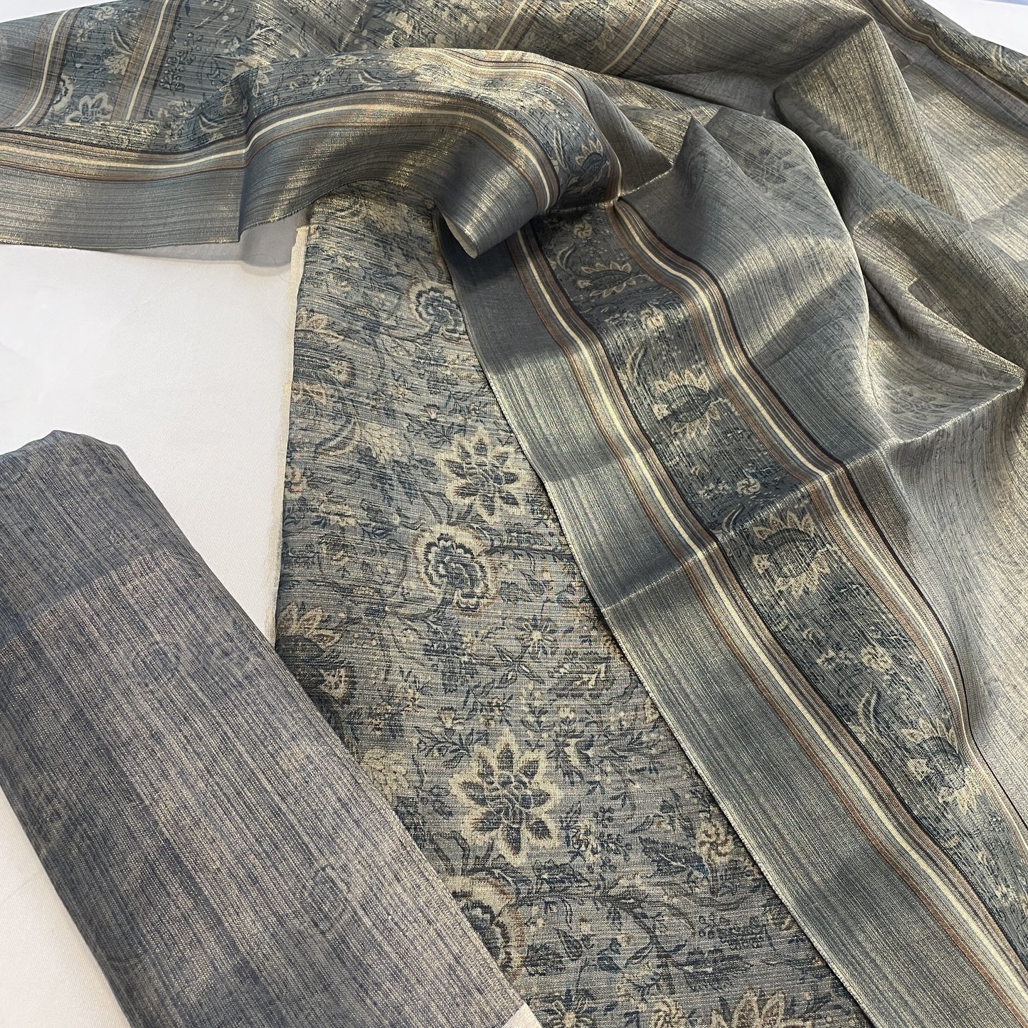 Classic Green Floral Print Zari Satin Organza Suit Set With Dupatta