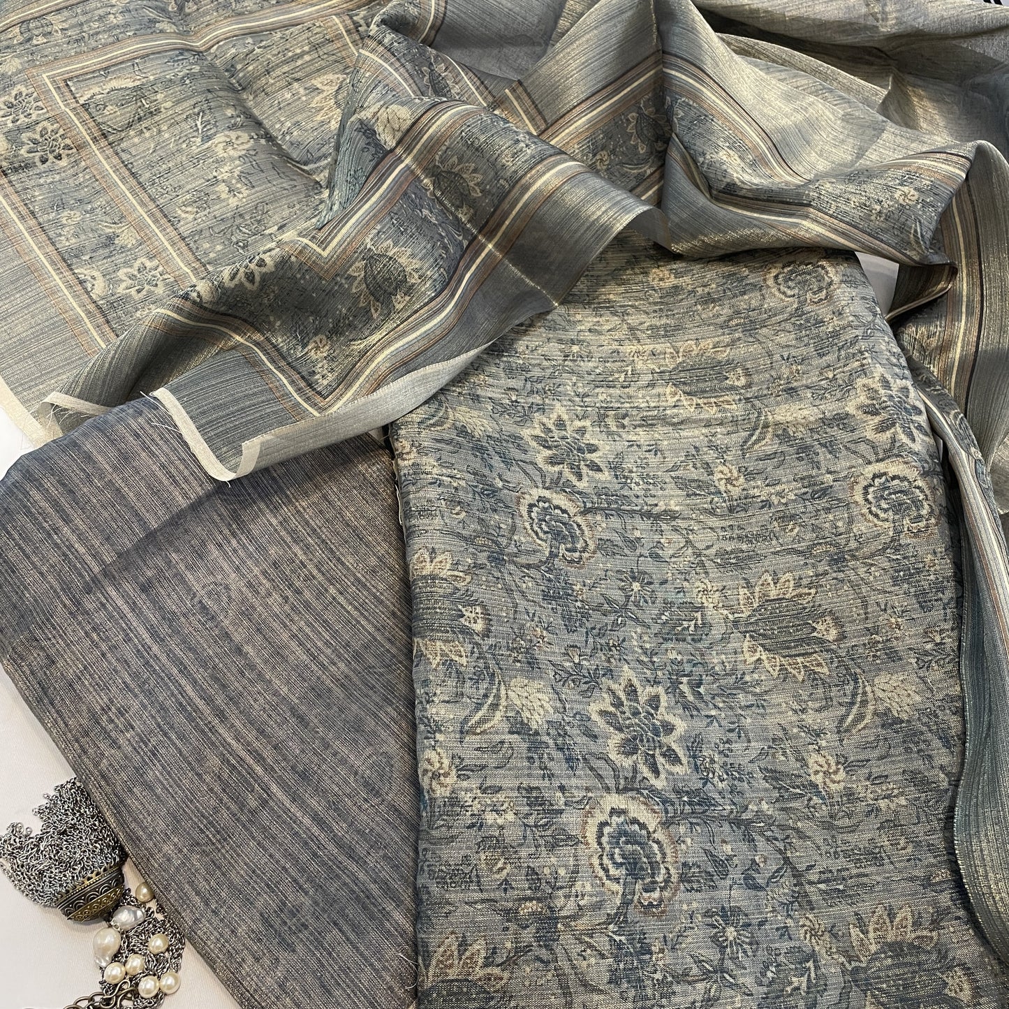 Classic Green Floral Print Zari Satin Organza Suit Set With Dupatta