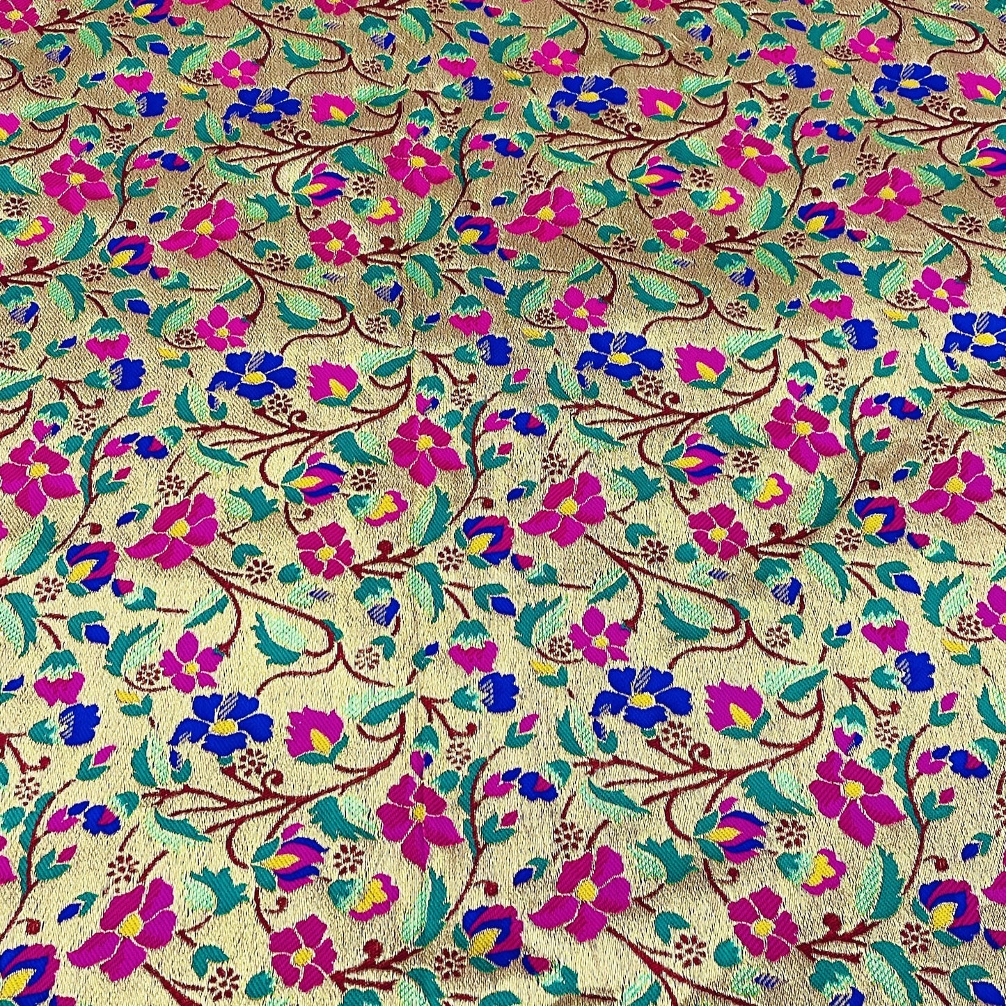 Classic Golden Blue Floral Brocade Jacquard Fabric