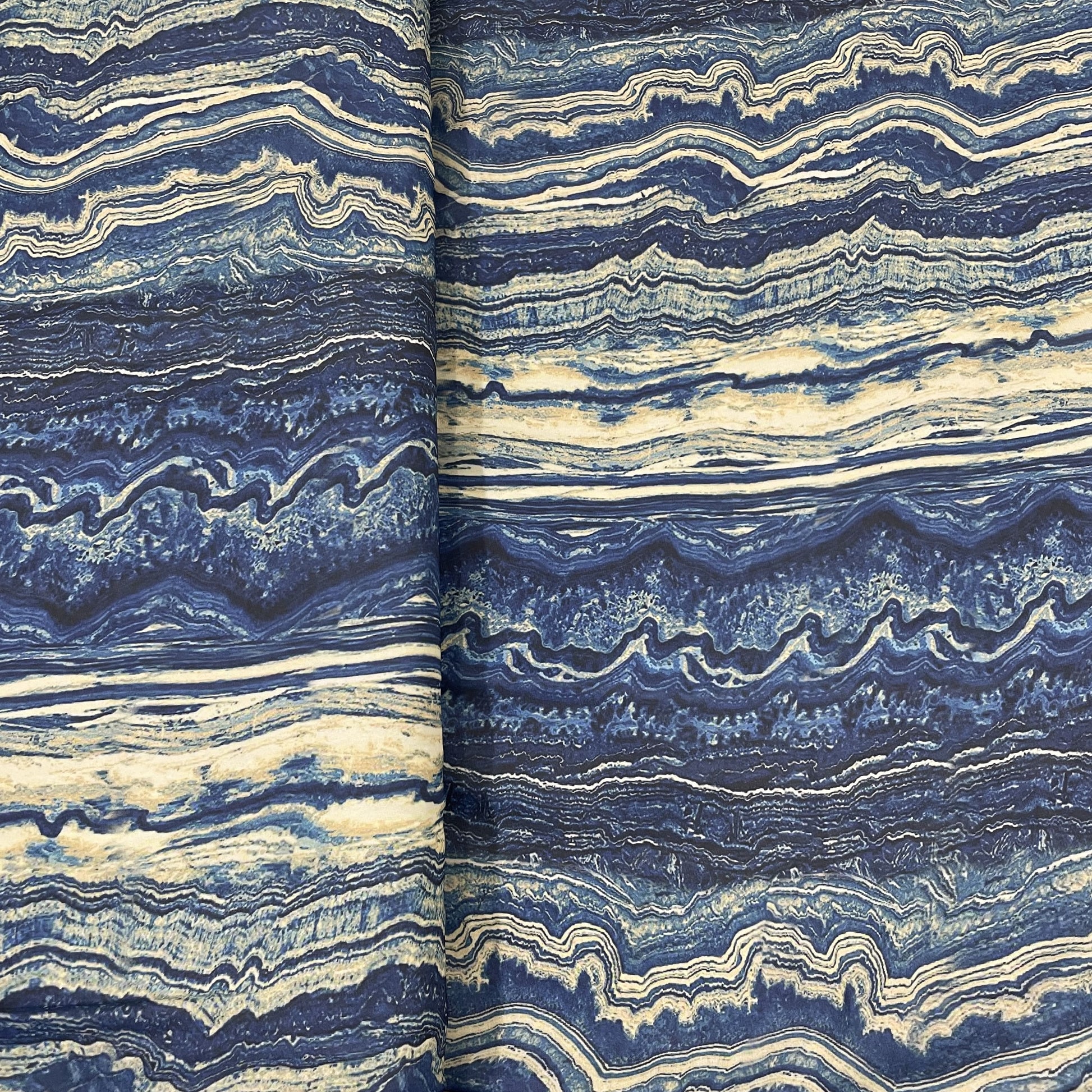 Classic Cream Blue Marble Print Armani Satin Fabric