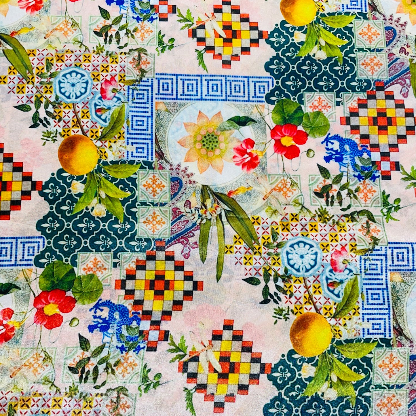 Light Pink & Multicolor Traditional Crepe fabric - TradeUNO