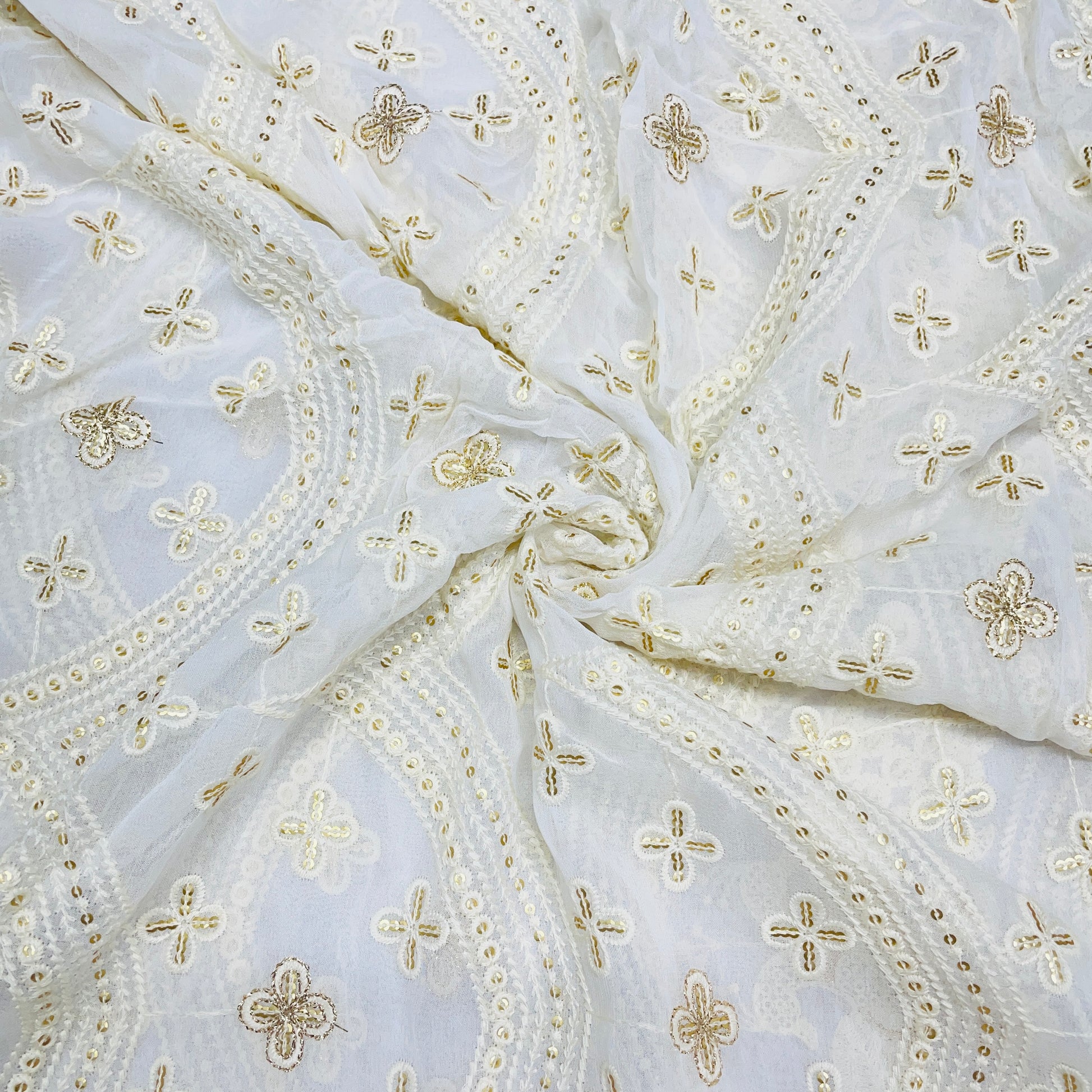 White Traditional Gold Lurex Sequence Thread Embroidery Dyeable Georgette Fabric - TradeUNO
