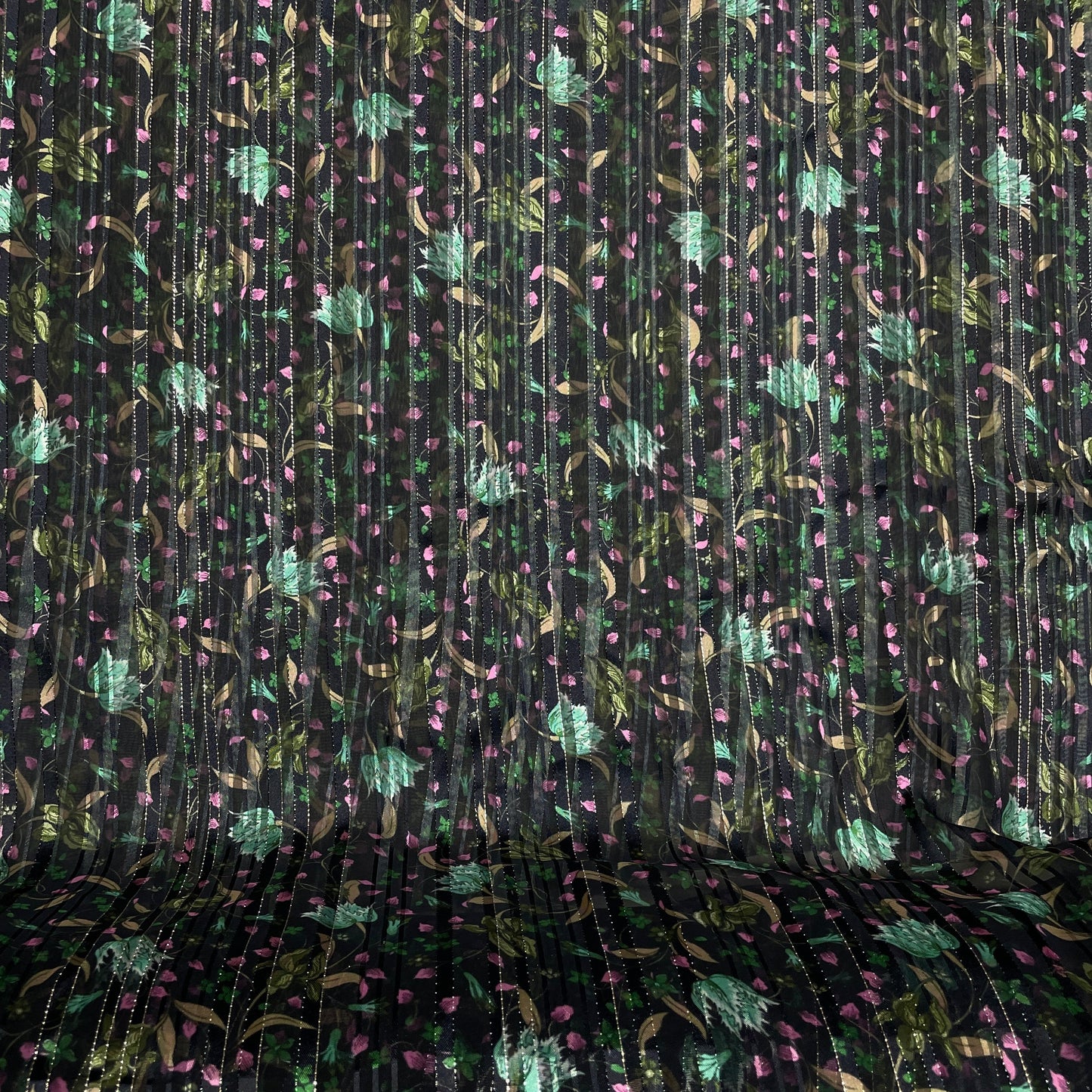 Black & Green Floral Lurex Organza Fabric - TradeUNO