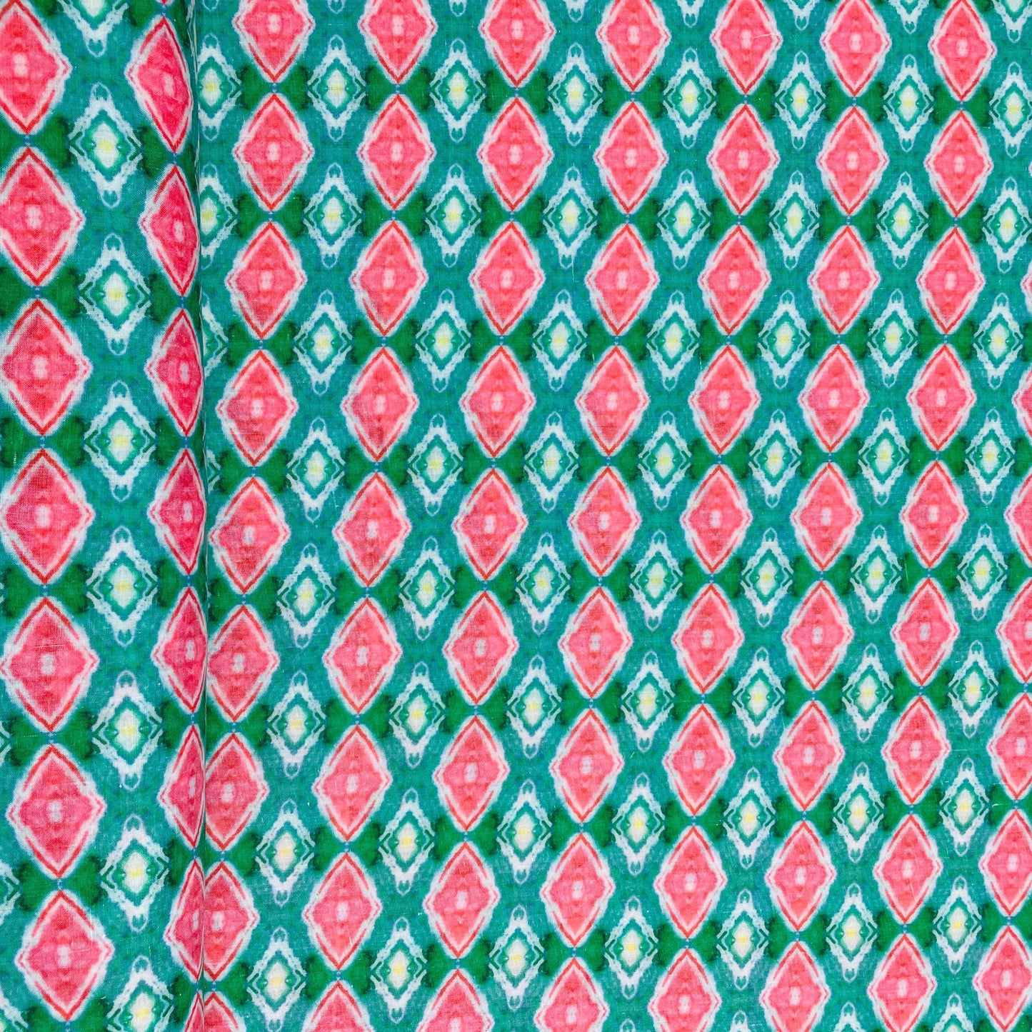 Green & Pink Handblock Print Mulmul Fabric - TradeUNO