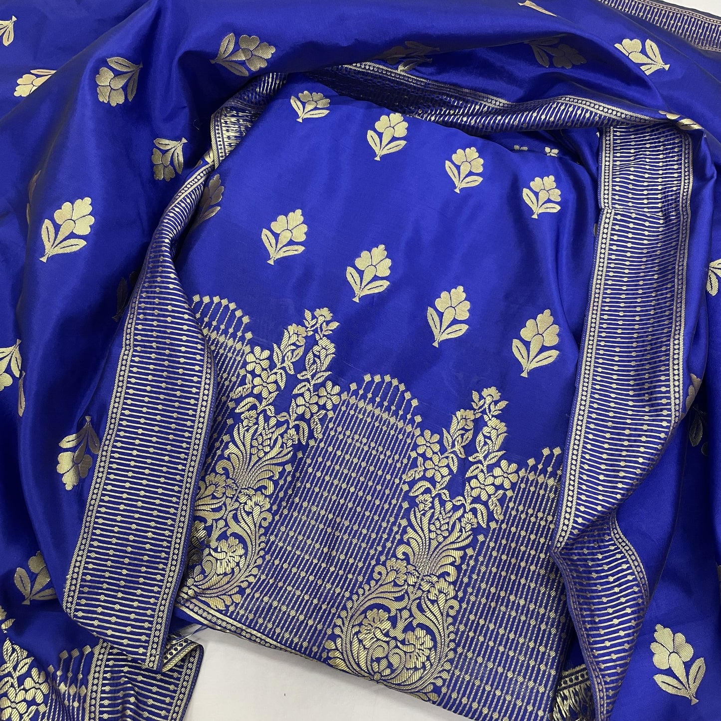 Classic Royal Blue Golden Zari Taffeta Suit Set With Dupatta