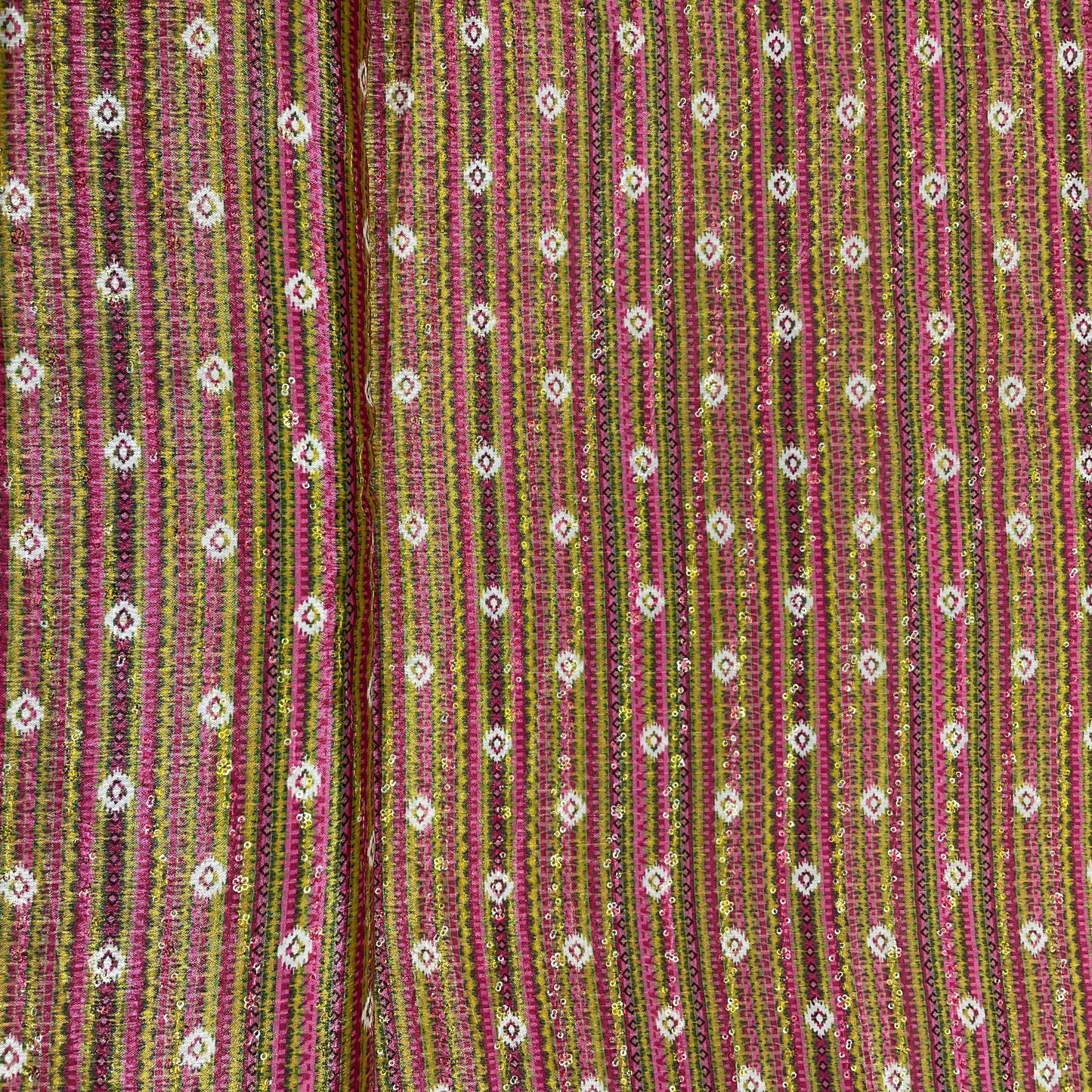 Yellow & Pink Stripe Print Chinon Fabric - TradeUNO