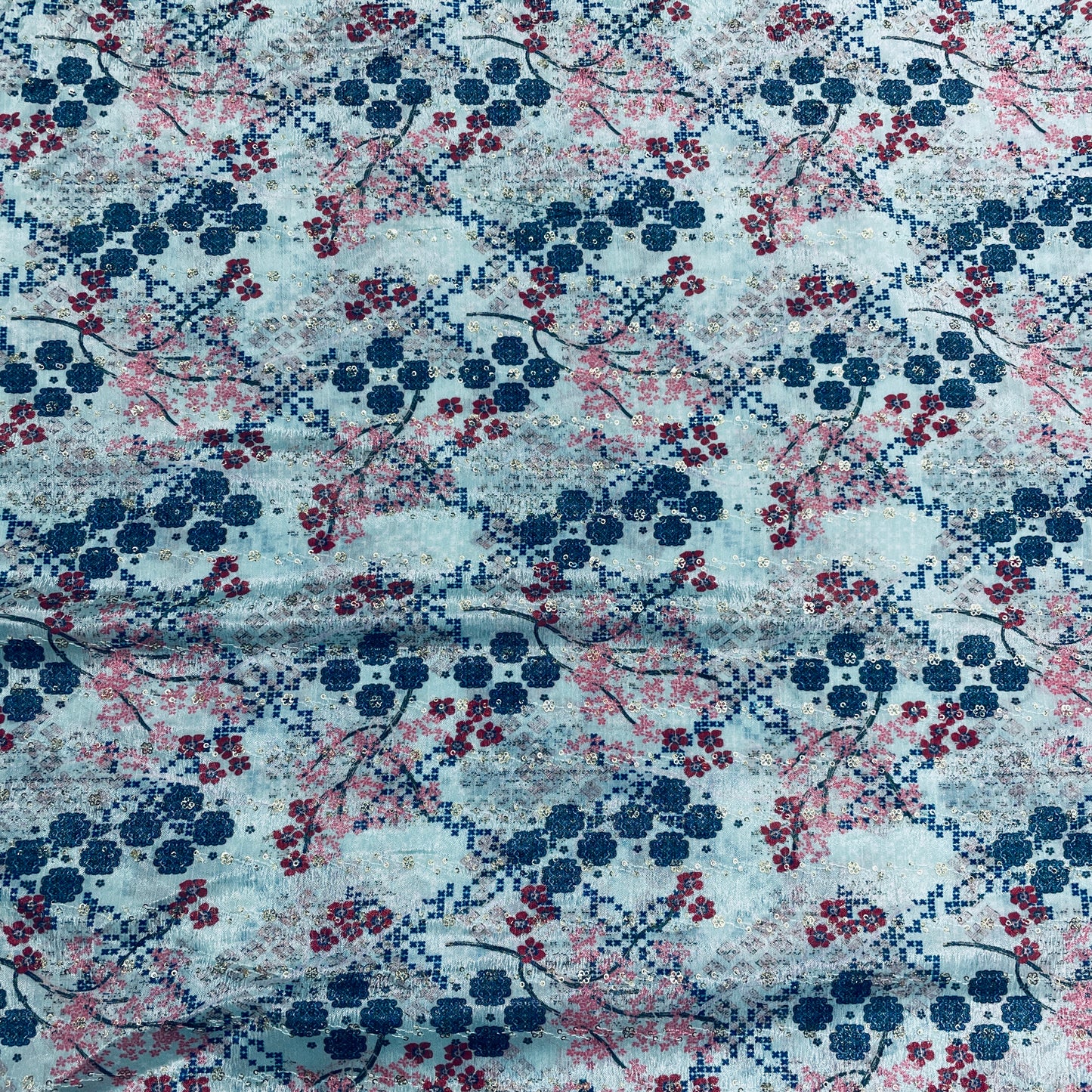 Sky blue & Multicolor Floral Print Chinon Fabric - TradeUNO