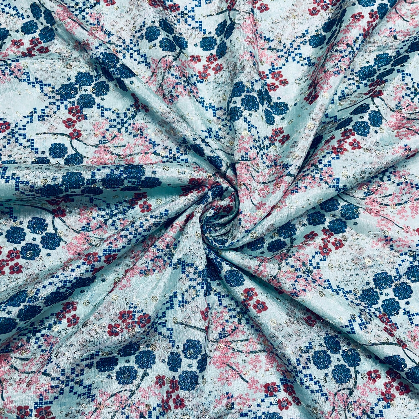 Sky blue & Multicolor Floral Print Chinon Fabric - TradeUNO