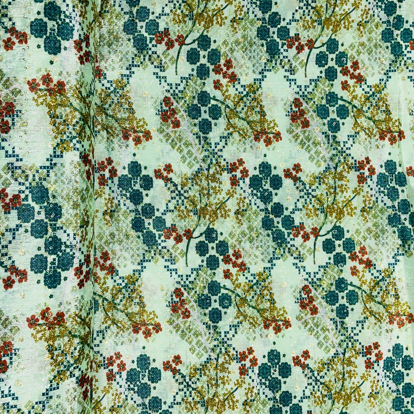 Green & Multicolor Floral Print Chinon Fabric - TradeUNO