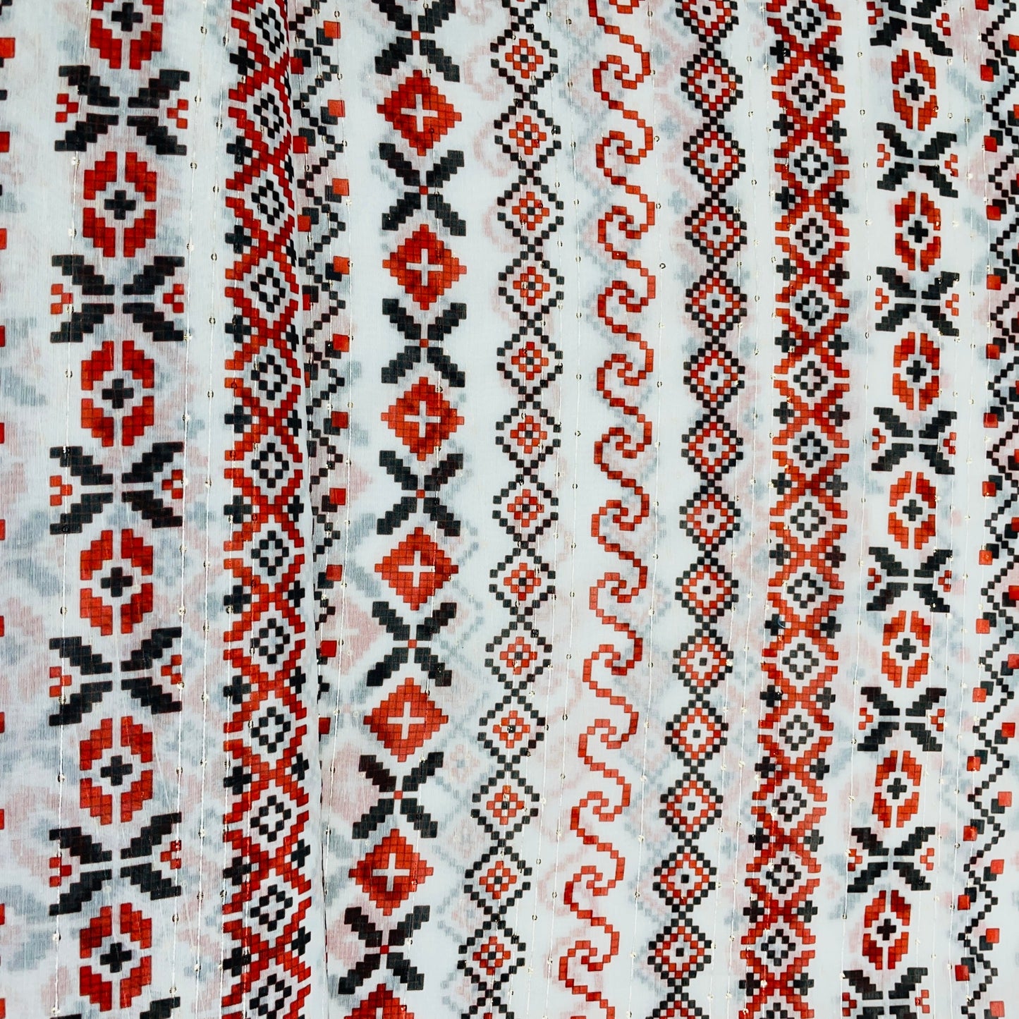 White & Multicolor Geometerical Sequence Chanderi Fabric - TradeUNO