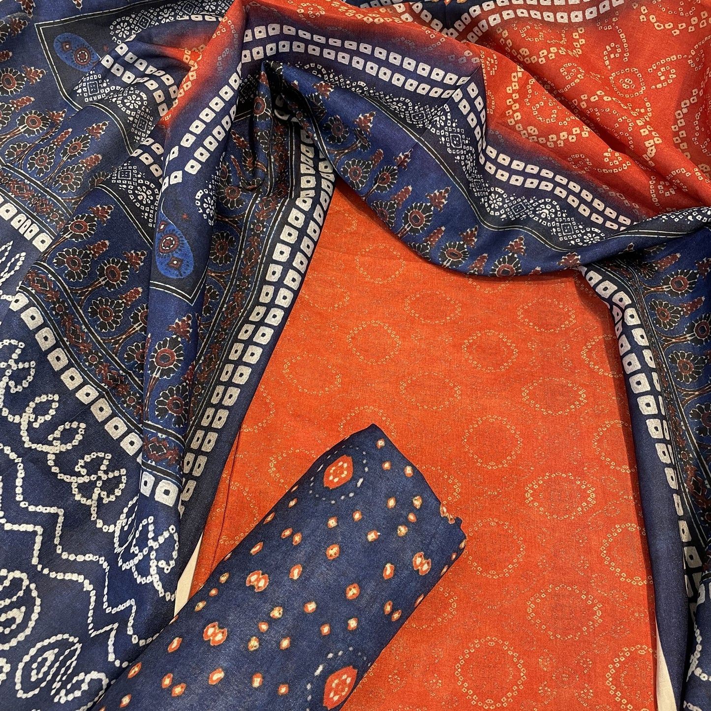 Classic Red Blue Bandhani Print Manipuri Silk Suit Set With Dupatta