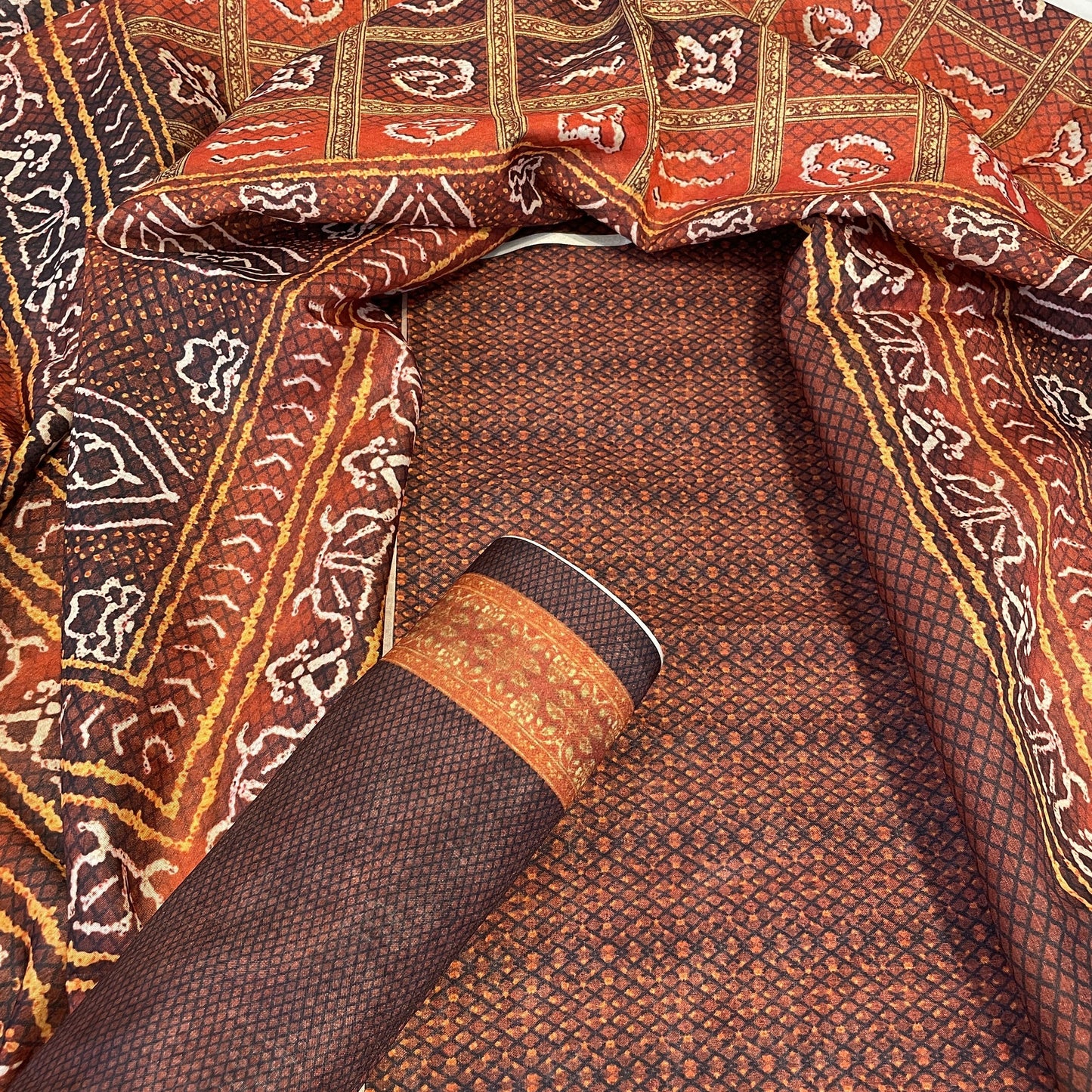 Classic Brown Bandhani Print Manipuri Silk Suit Set With Dupatta