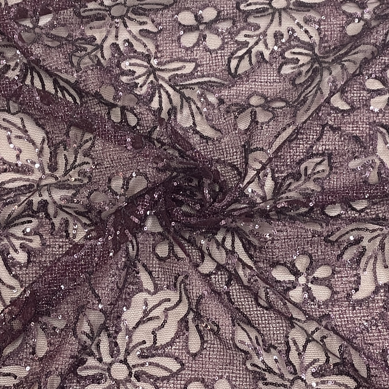 Classic Wine Floral Sequence Embroidery Net Fabric