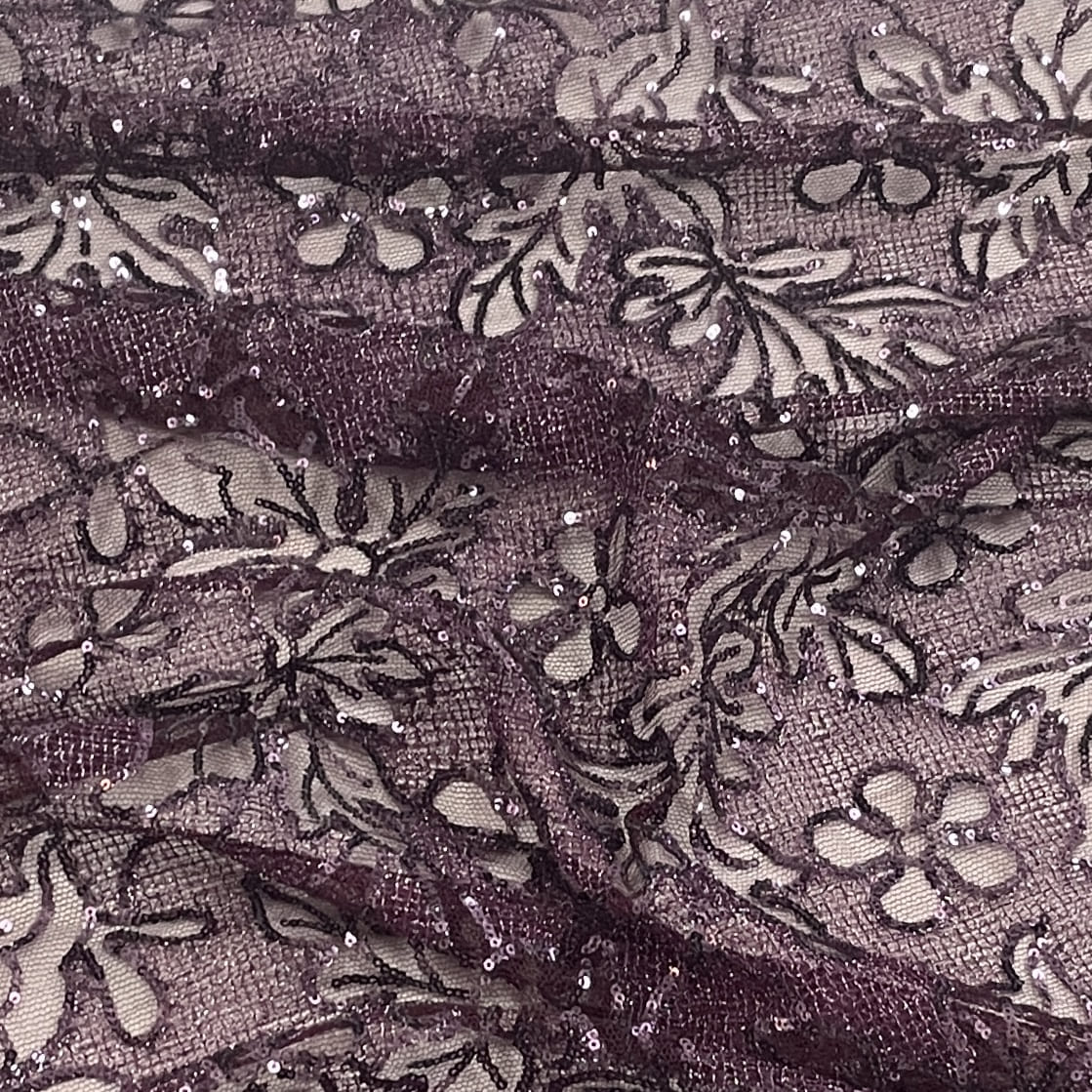 Classic Wine Floral Sequence Embroidery Net Fabric