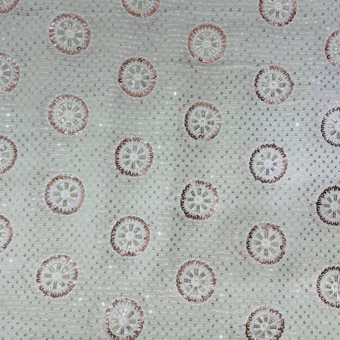 White With Bronze And Gold Floral Embroidery Sequence Dyeable Georgette Fabric - TradeUNO