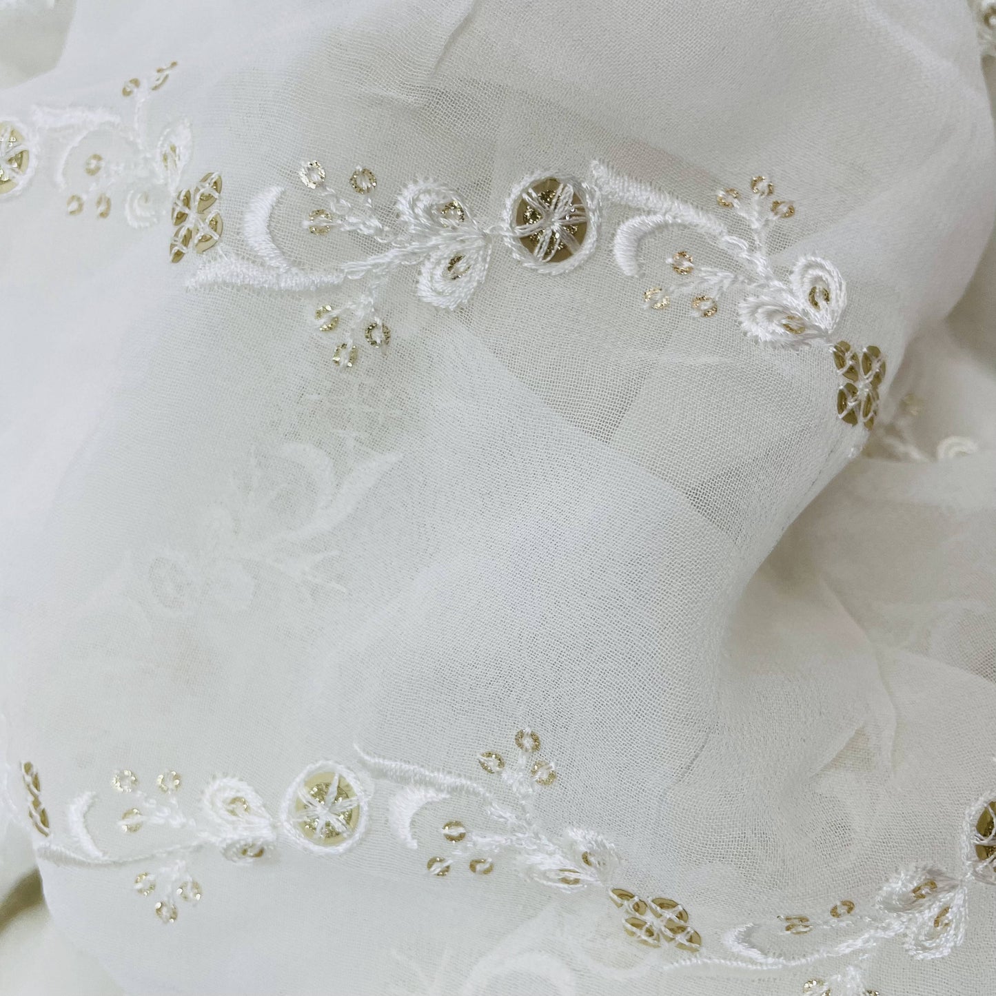 White Gold Thread Embroidery Sequence Dyeable Georgette Fabric - TradeUNO