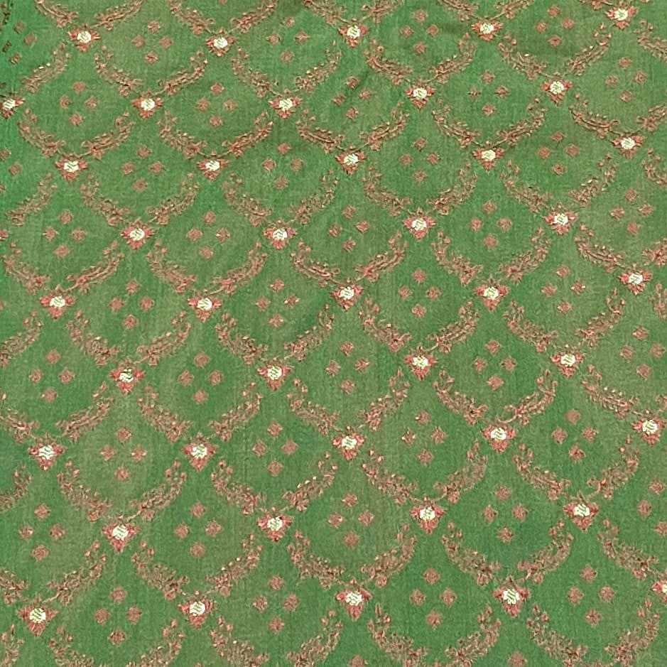 Premium Green Red Traditional Print Tanchui Jamewar Silk Fabric