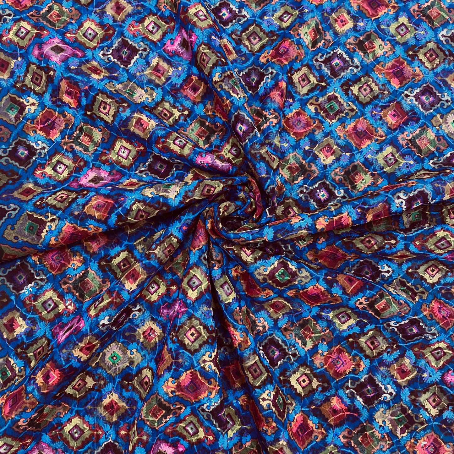 Blue Handblock Print Georgette Fabric - TradeUNO