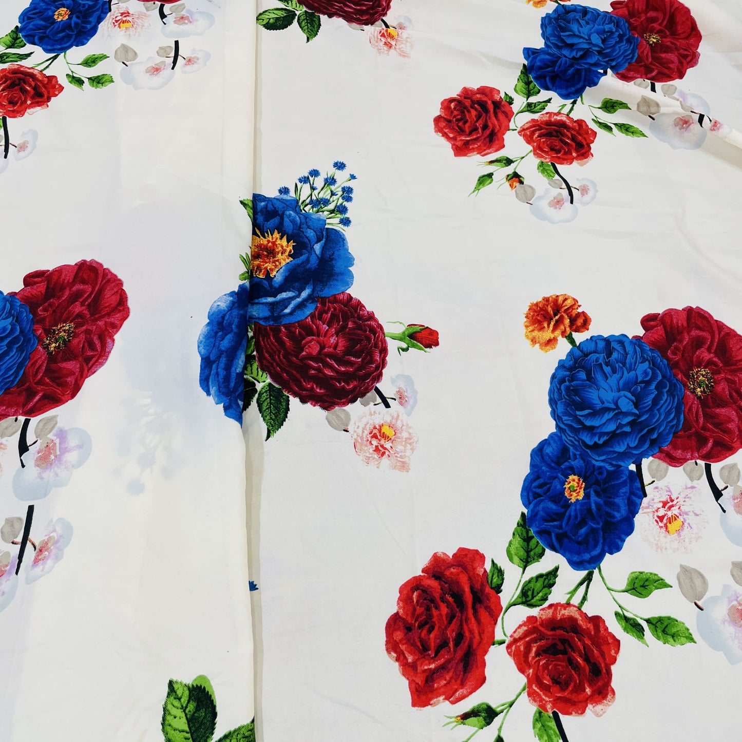 Premium Cream & Multicolor Floral Print Satin Fabric