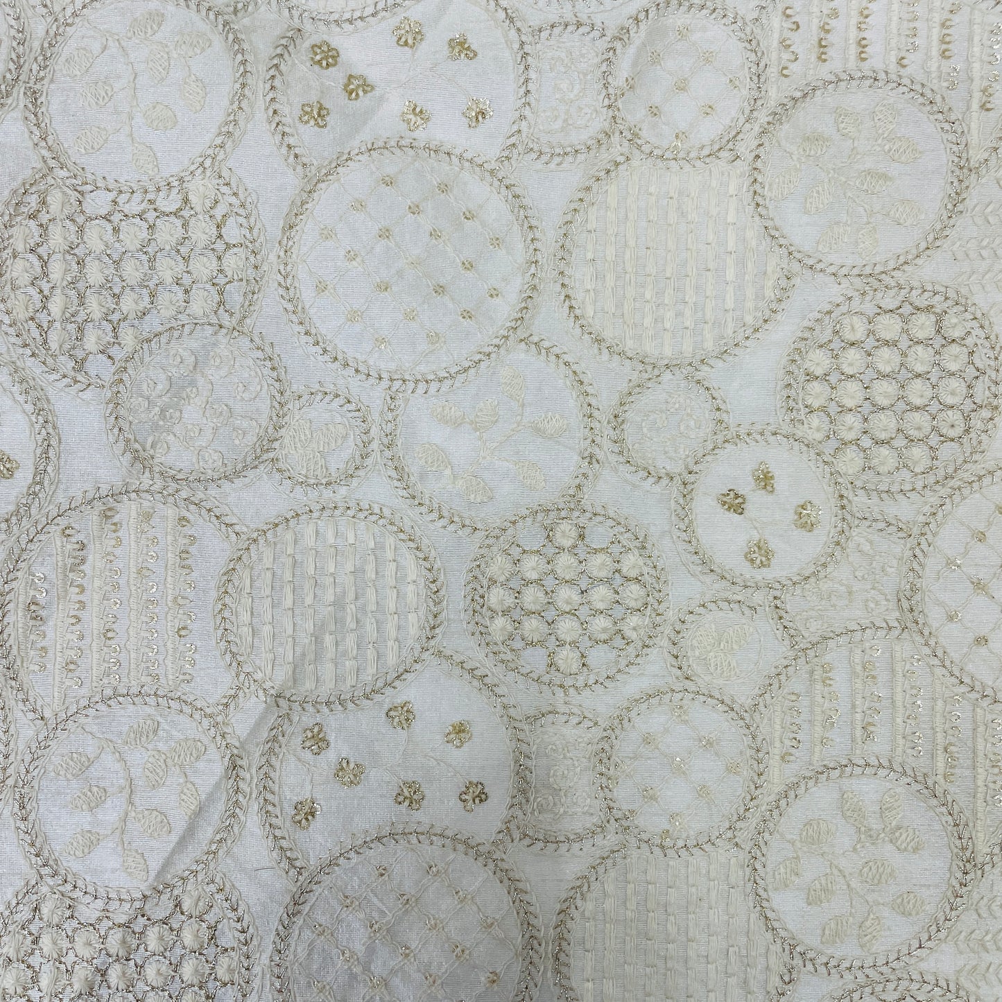 White Traditional Golden Zari Thread Embroidery Dyeable Dupion Silk Fabric - TradeUNO