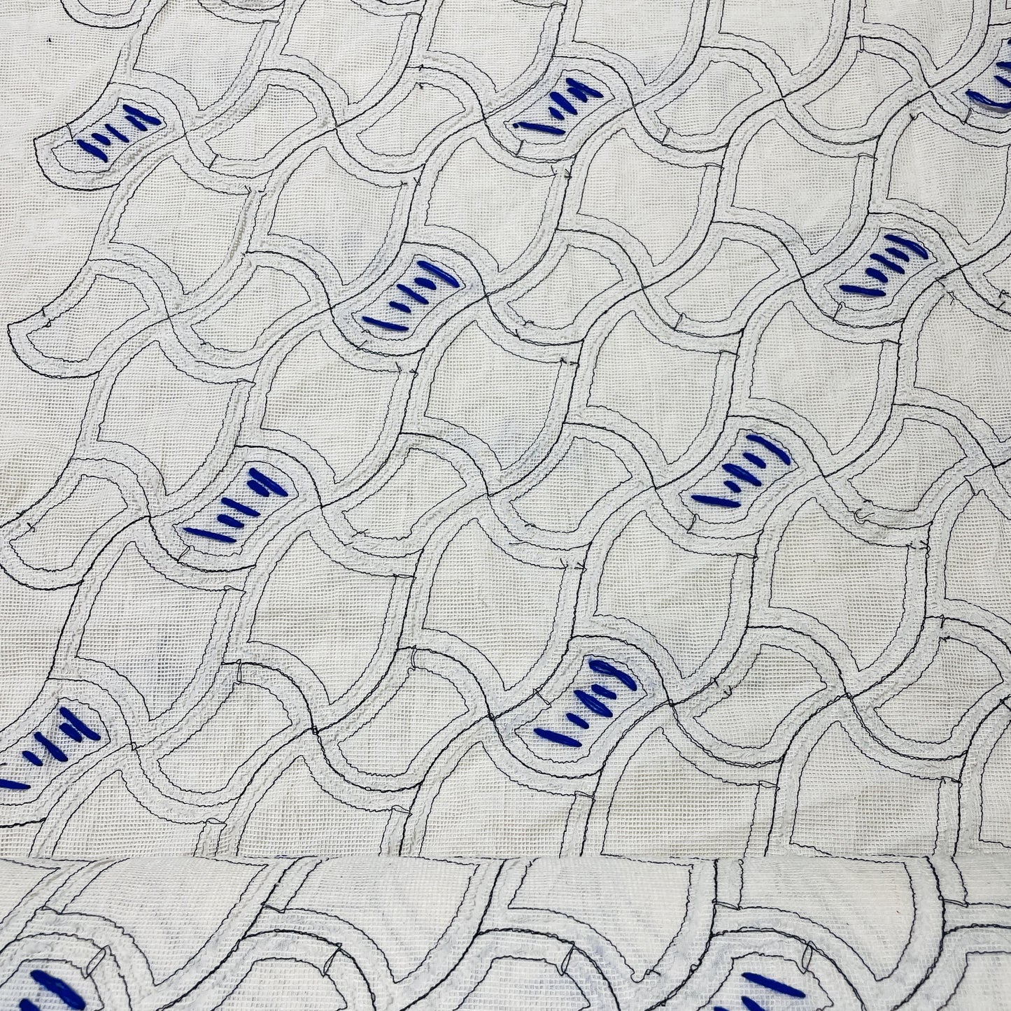Exclusive White & Blue Double Hand Work Cotton Fabric