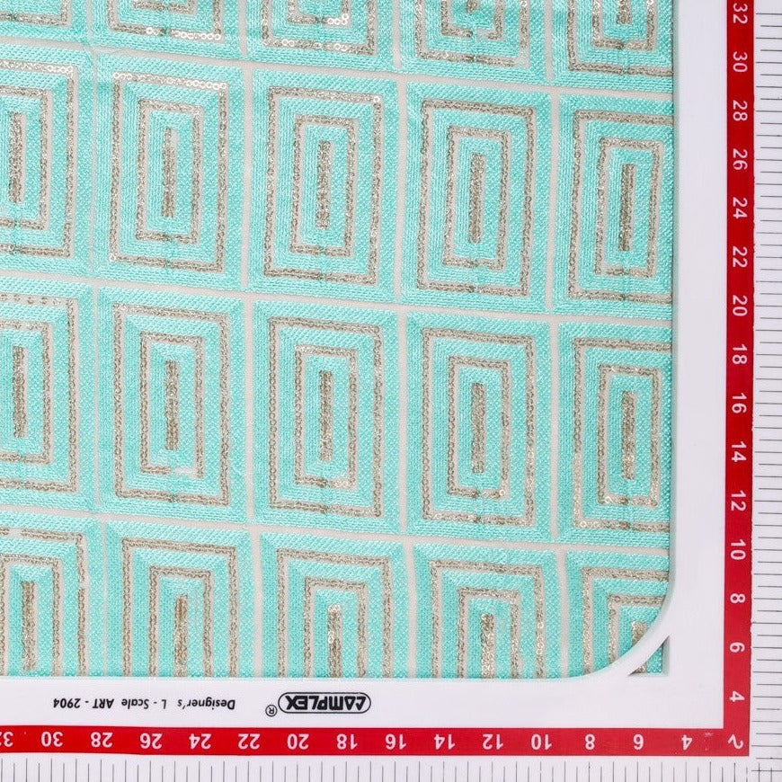 Sea Green Geometrical Pattern Embroidery Georgette Fabric Trade UNO