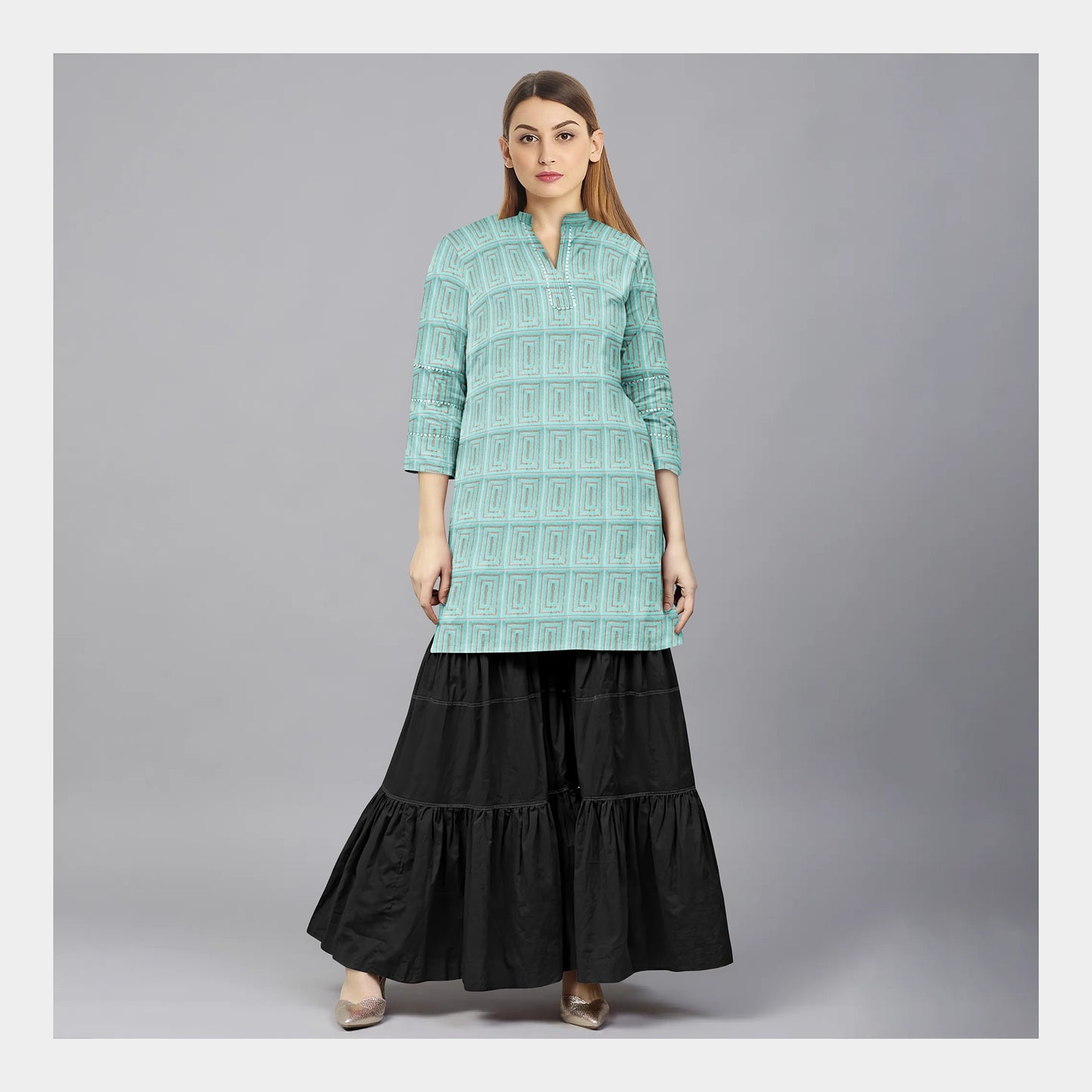 Sea Green Geometrical Pattern Embroidery Georgette Fabric Trade UNO