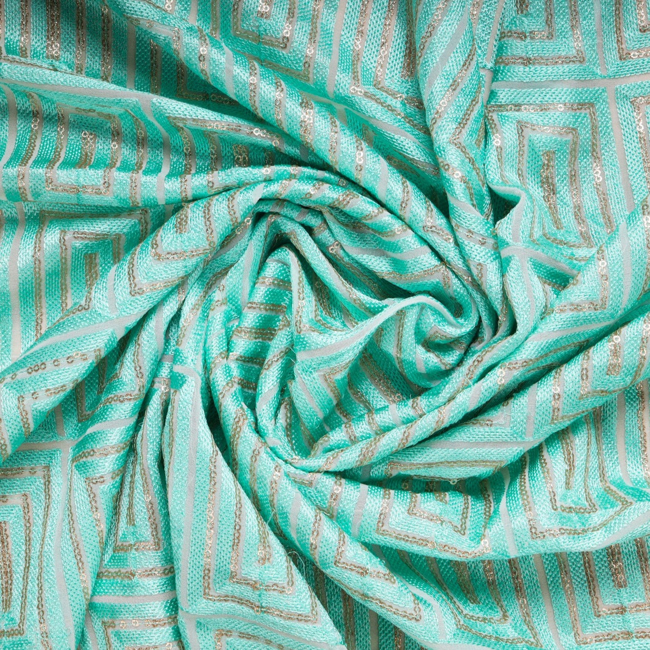 Sea Green Geometrical Pattern Embroidery Georgette Fabric Trade UNO