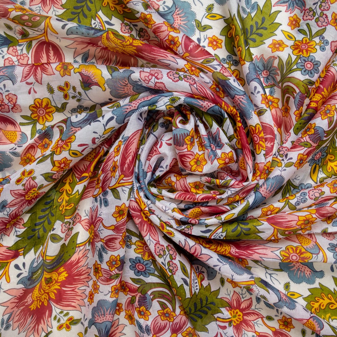White Floral Print Tabby Silk Fabric Trade UNO