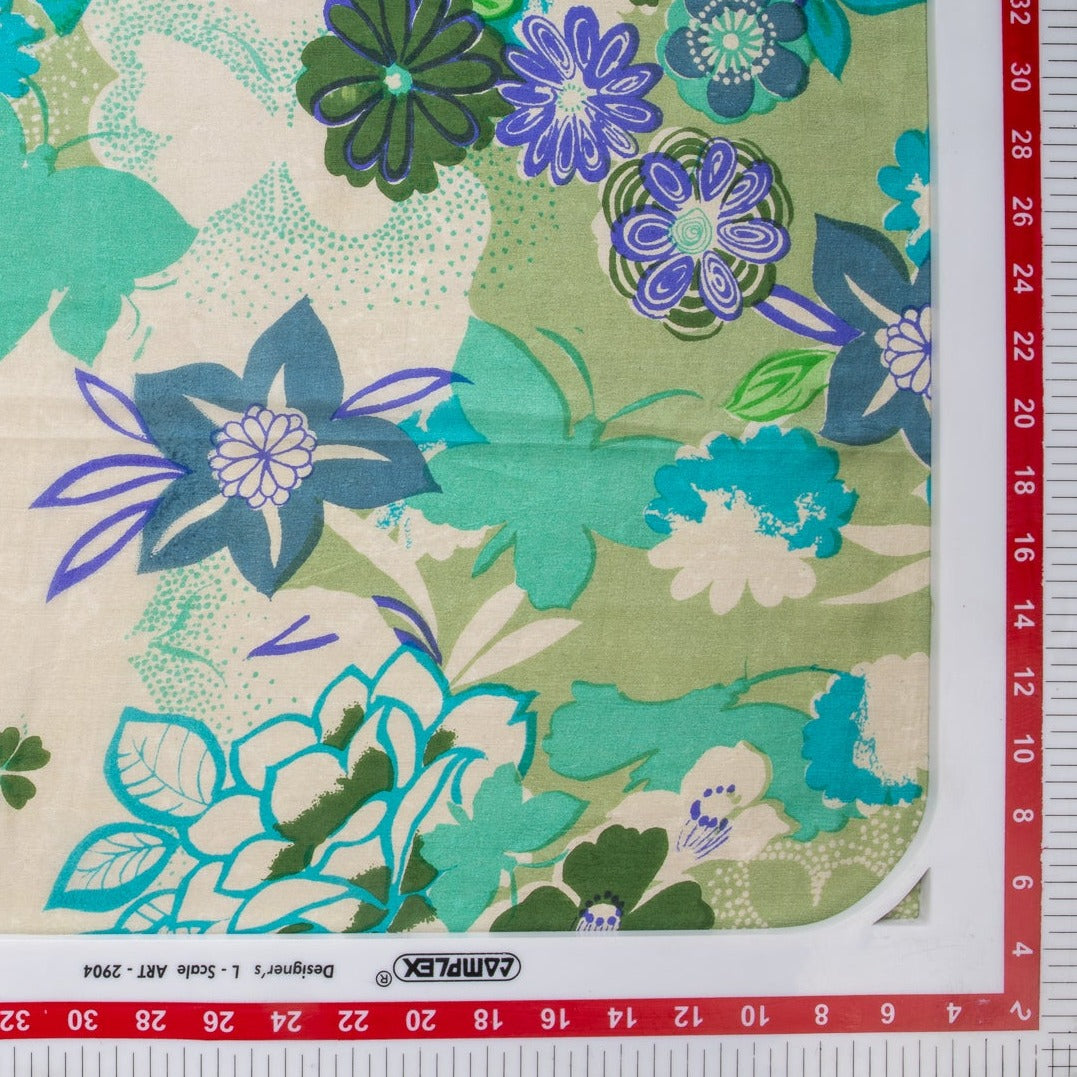 Cream & Green Floral Print Tabby Silk Fabric Trade UNO