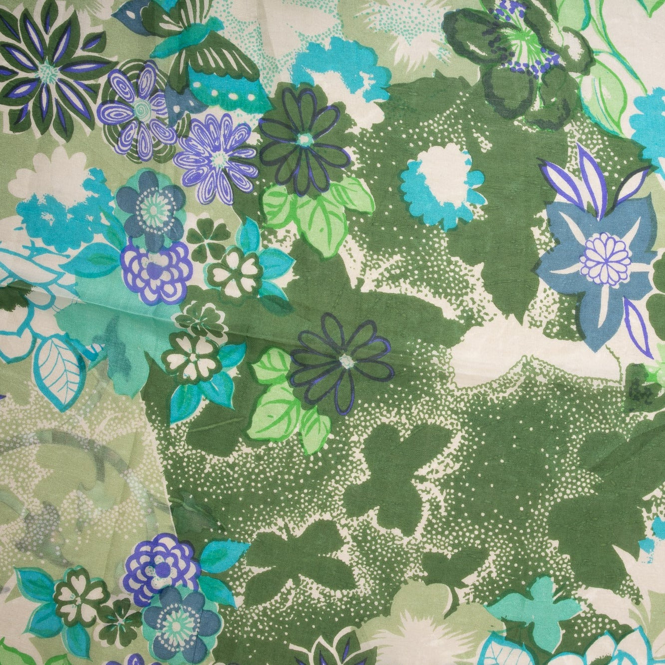 Cream & Green Floral Print Tabby Silk Fabric Trade UNO