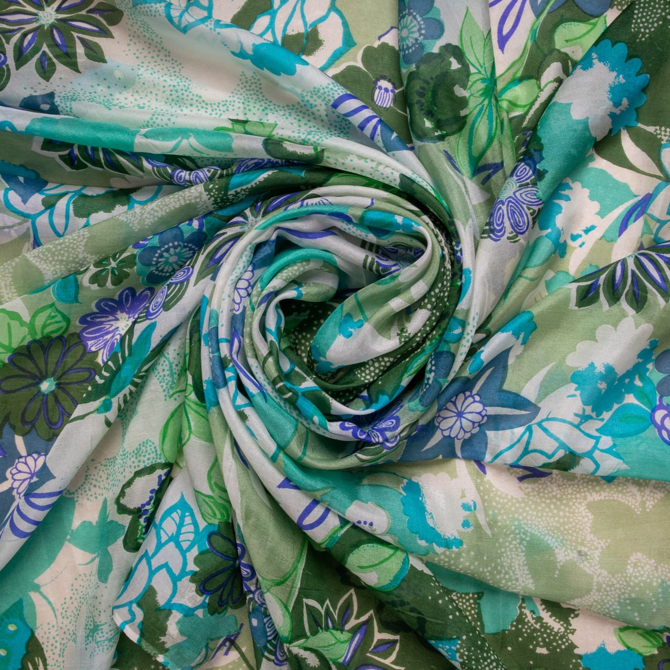 Cream & Green Floral Print Tabby Silk Fabric Trade UNO
