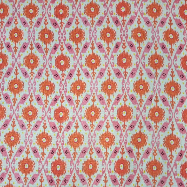 White & Orange Traditional Motif Print Viscose Dobby Fabric Trade UNO
