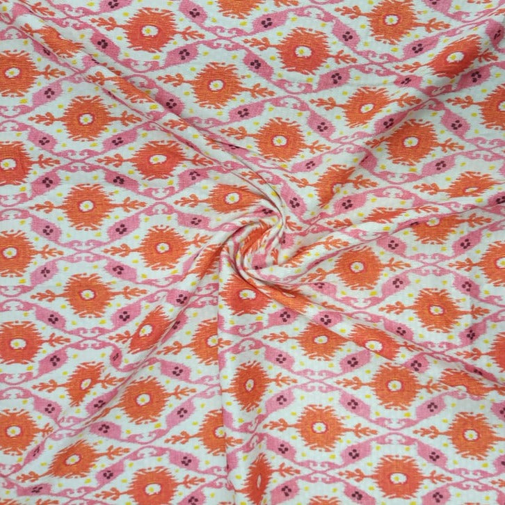 White & Orange Traditional Motif Print Viscose Dobby Fabric Trade UNO
