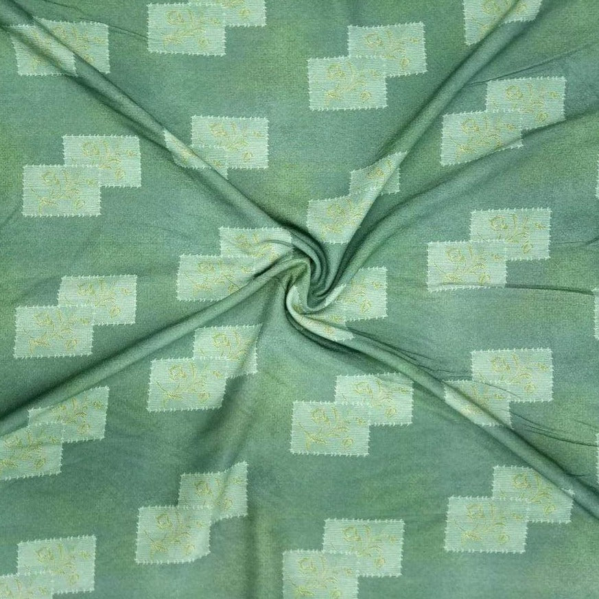 Green Geometrical With Floral Motif Print Viscose Fabric Trade UNO