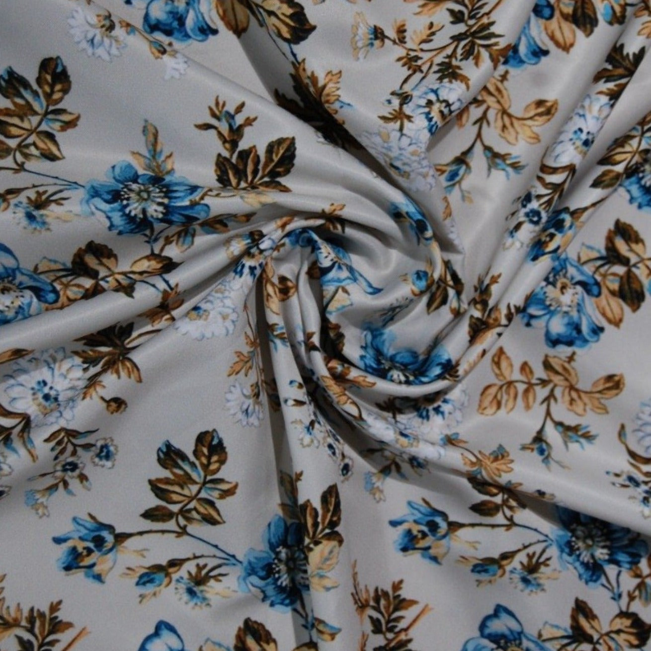 Tea Green Floral Print Poly Satin Twill Fabric Trade UNO