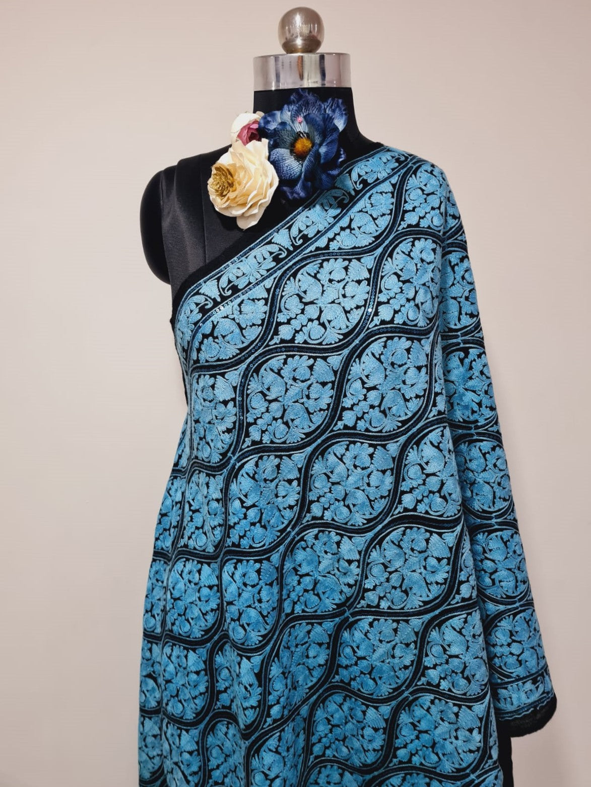 Viscose Shawl, Size 70x180 Black _ Blue Color Sequence Thread Embroidery Traditional Work Shawl (TU-2974) Trade UNO