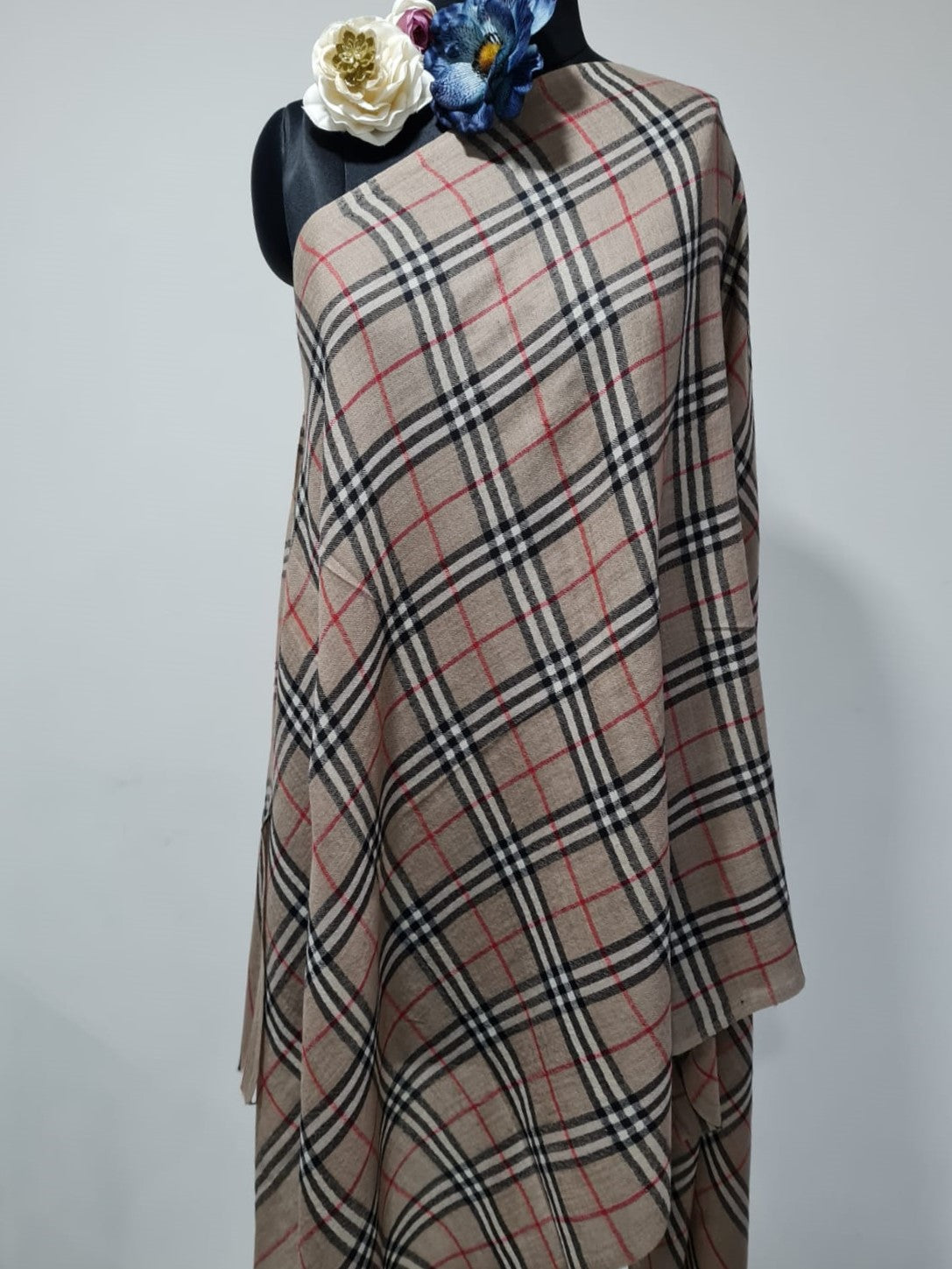 Silk Shawl, Size 70x180 Brown Check Print Shawl (TU-2929) Trade UNO