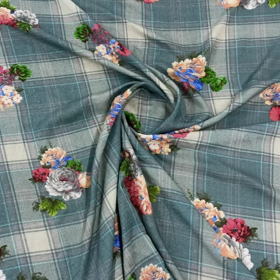 Green Floral Check Print Viscose Fabric Trade UNO