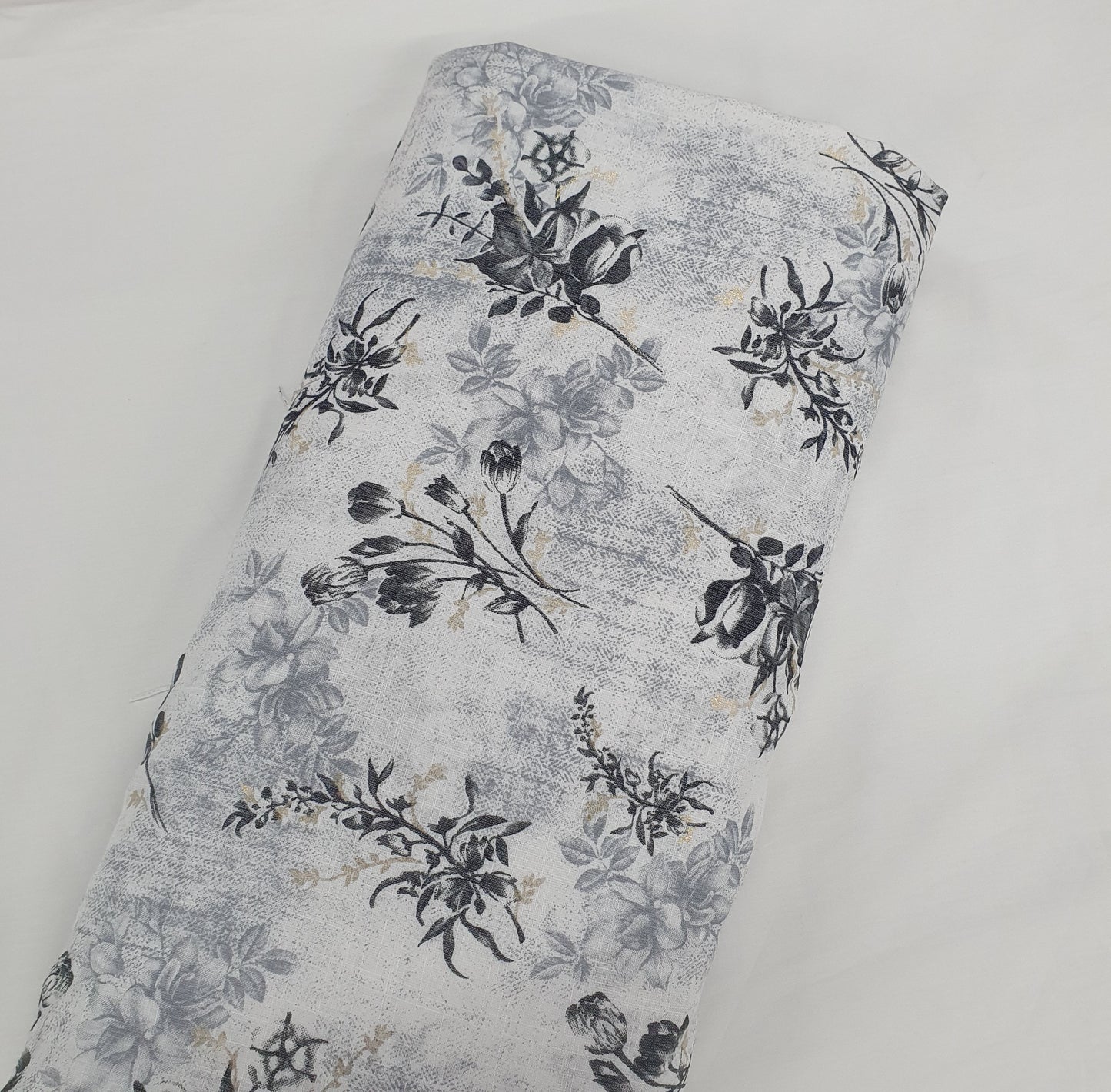 White & Grey Floral With Foil Print Cotton Slub Fabric Trade UNO