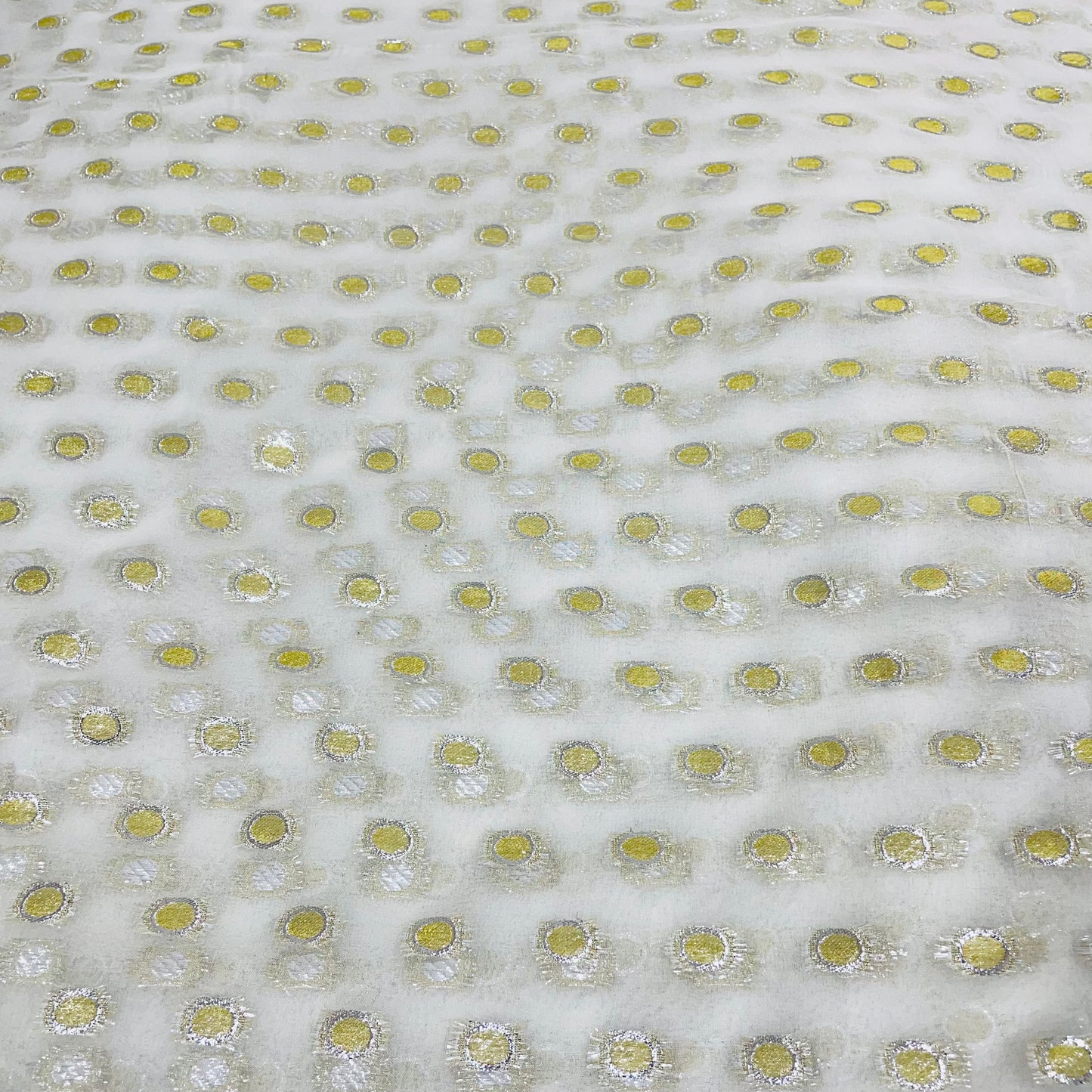 White with Golden and Silver Lurex Geometrical Georgette Jacquard Dyeable Fabric