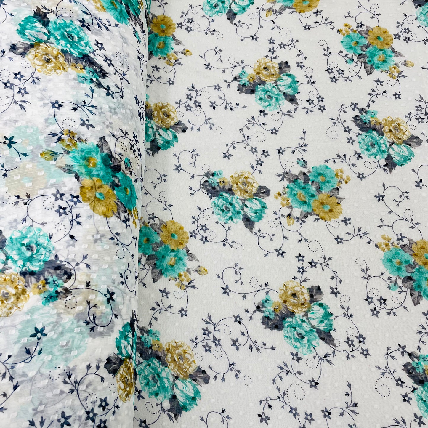 White with Green Floral Chiffon Dobby Fabric - TradeUNO