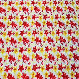White With Red Yellow Floral Pleated Knitted Satin Fabric - TradeUNO