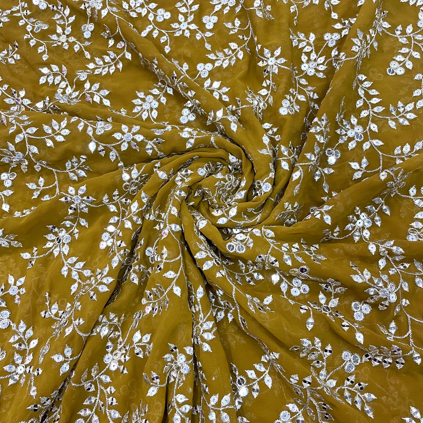 Mustard Brown Floral Embroidery Sequence Georgette Fabric - TradeUNO