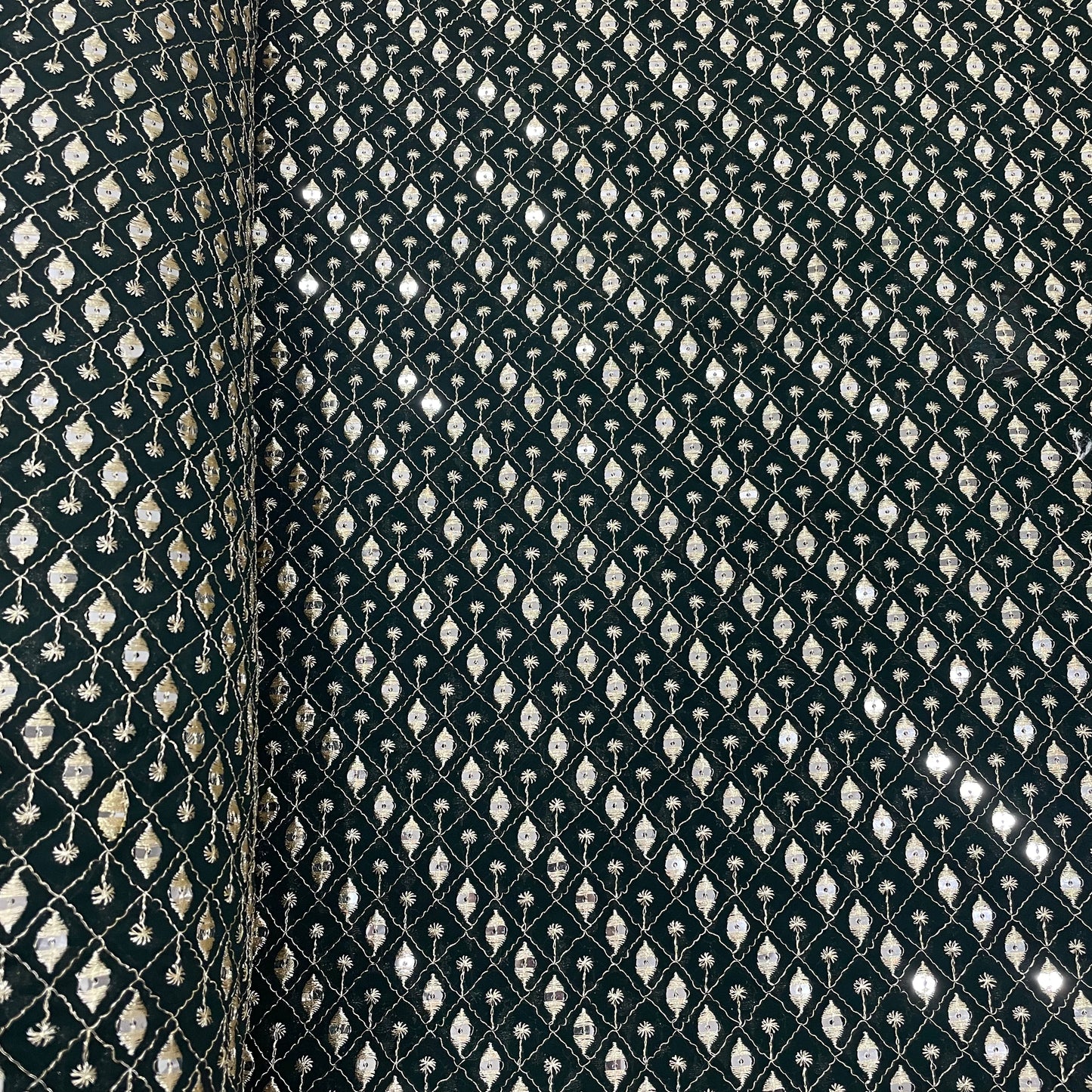 Dark Green Check Embroidery Sequence Georgette Fabric - TradeUNO