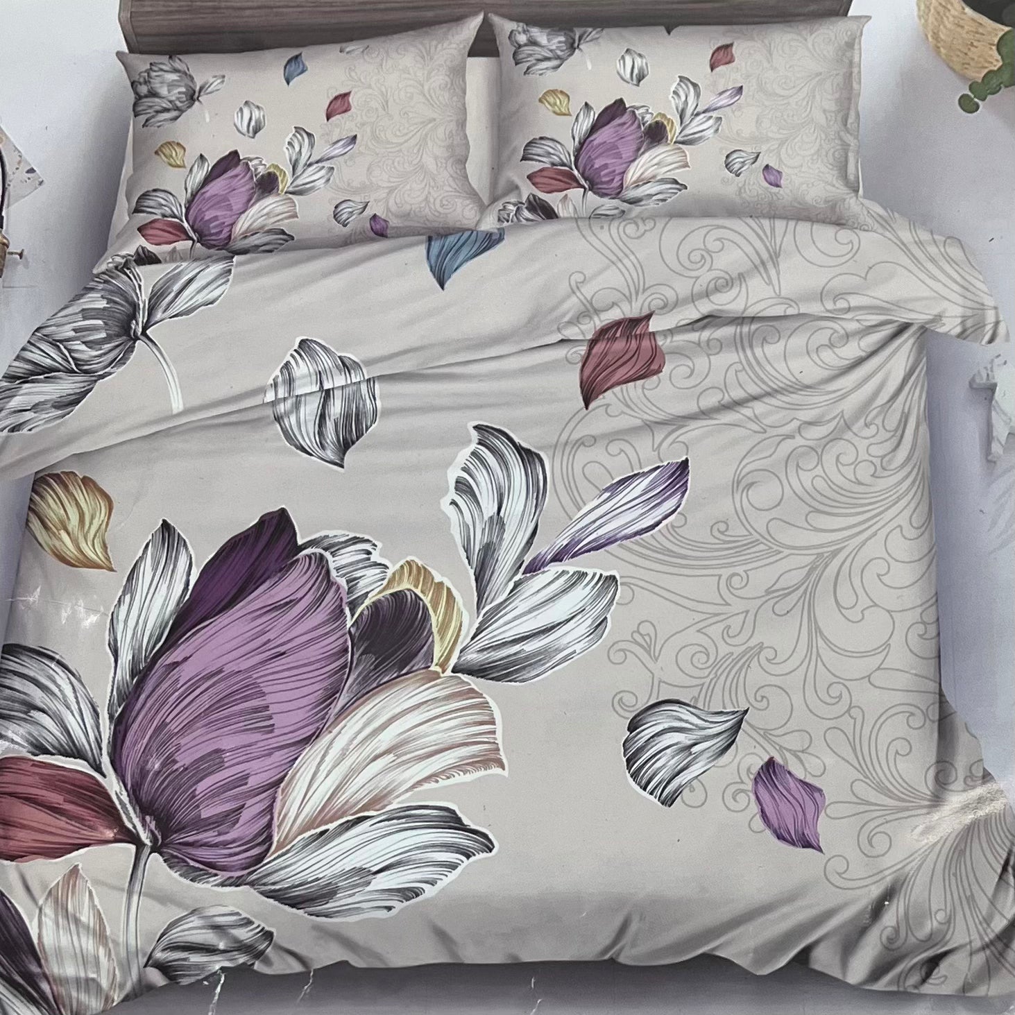Cream with Multicolor Floral Three Pcs Bedsheet Set