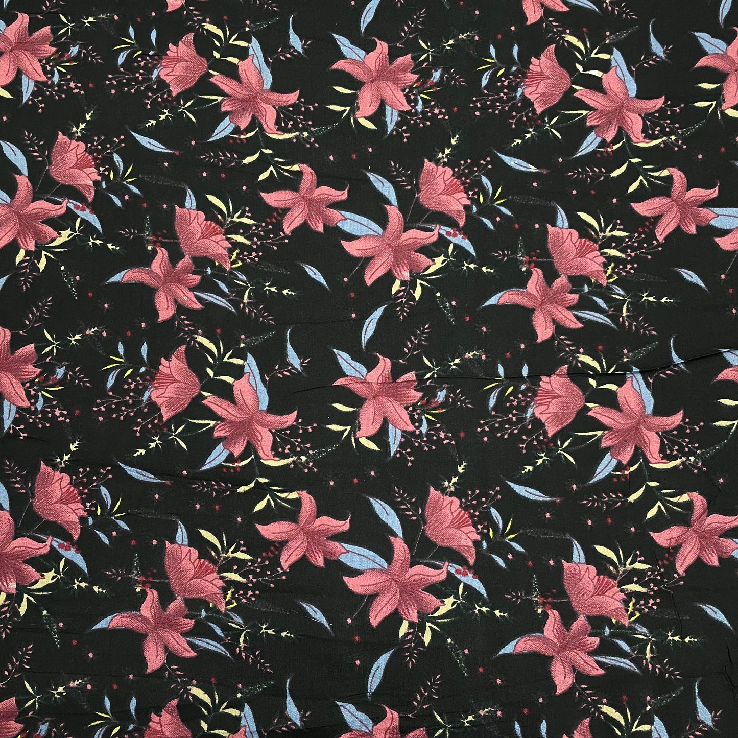 Black With Pink Floral Print Rayon Fabric - TradeUNO