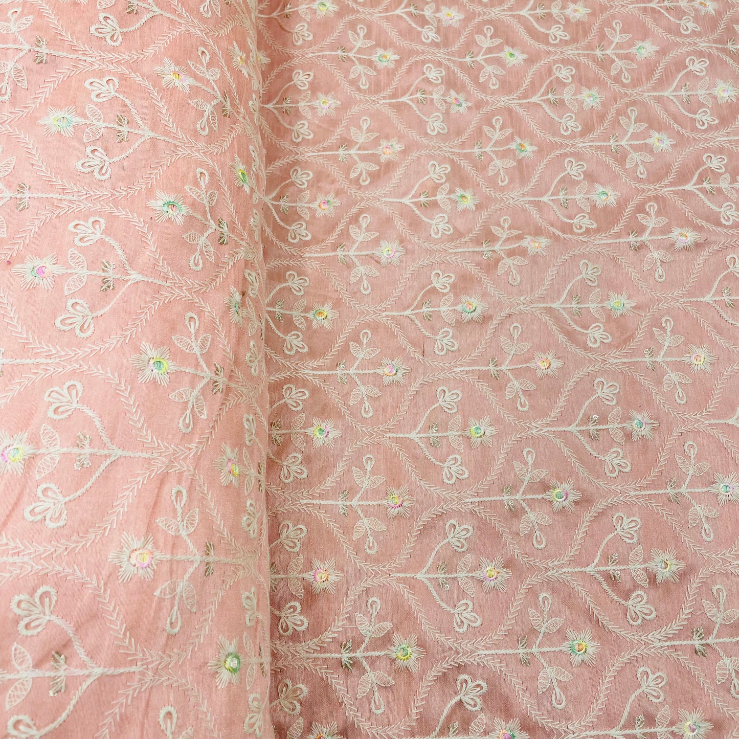 Peach Floral Embroidery Dupion Silk Fabric - TradeUNO
