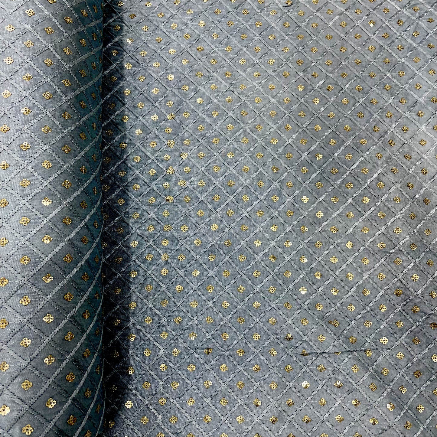 Grey Geometrical Embroidery Sequence Satin Silk Fabric - TradeUNO